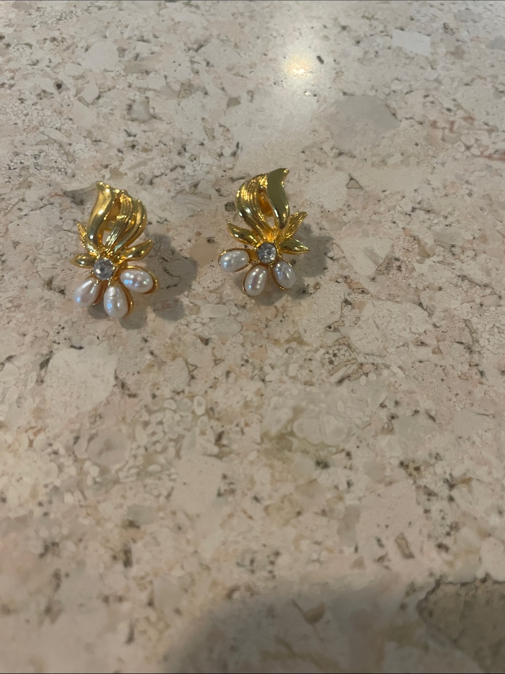 Gold Pearl Floral Stud Earrings - Women Jewelry